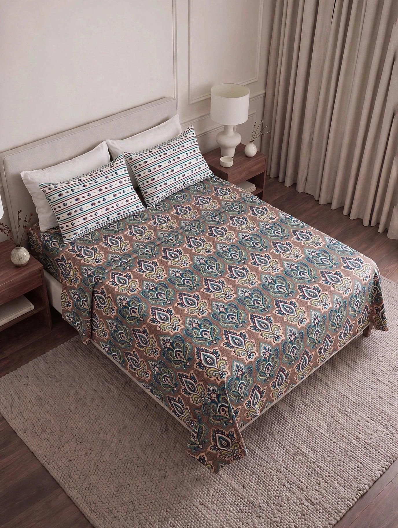 Turkish Teal - Rust Brown Paisley Damask Bedsheet