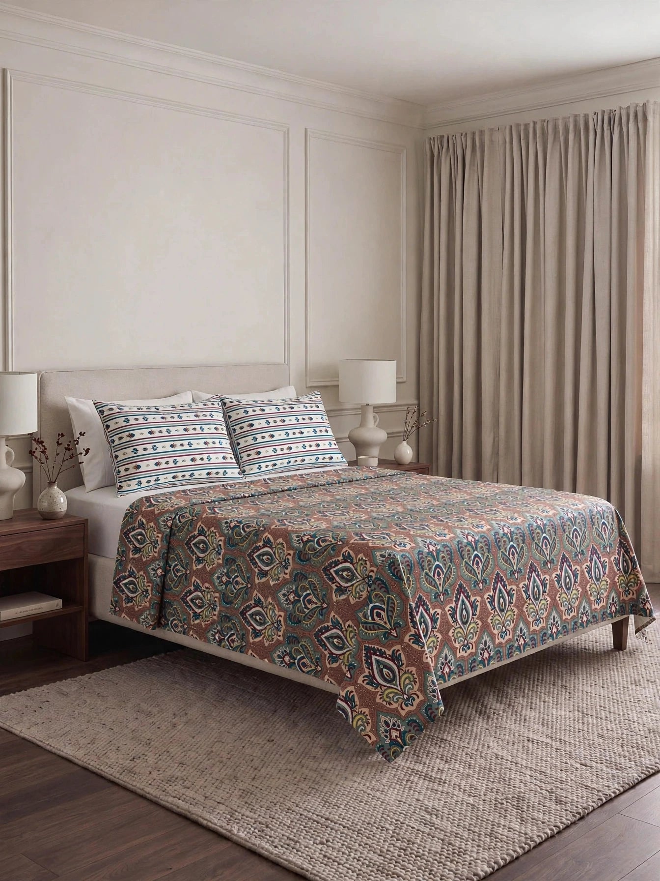 Turkish Teal - Rust Brown Paisley Damask Bedsheet