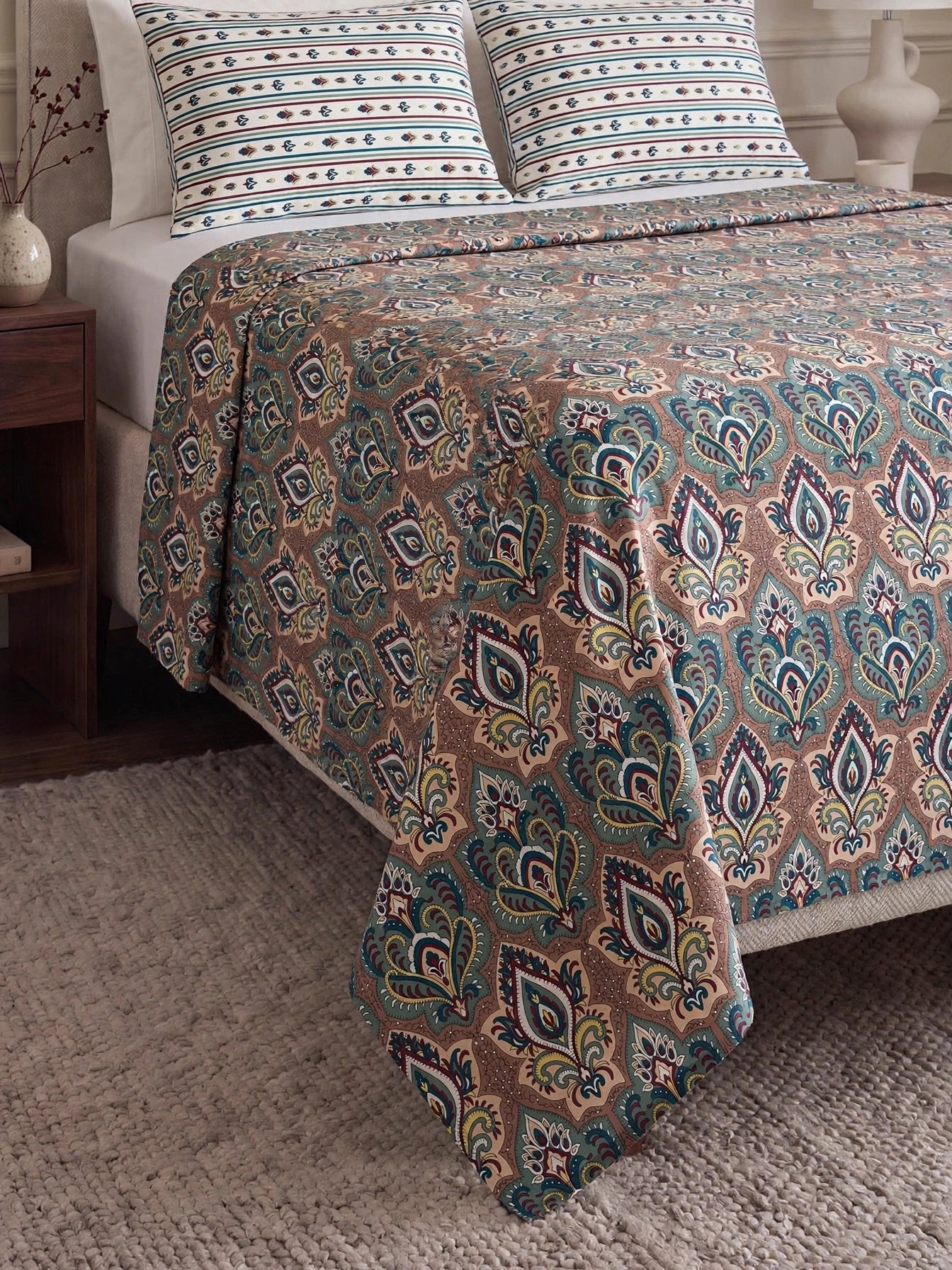 Turkish Teal - Rust Brown Paisley Damask Bedsheet