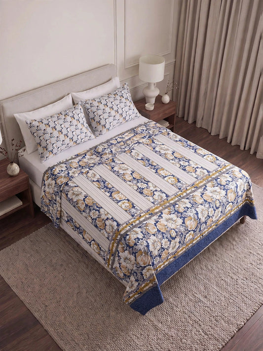 Ivory Coast - Navy Blue Large Floral Stripe Bedsheet