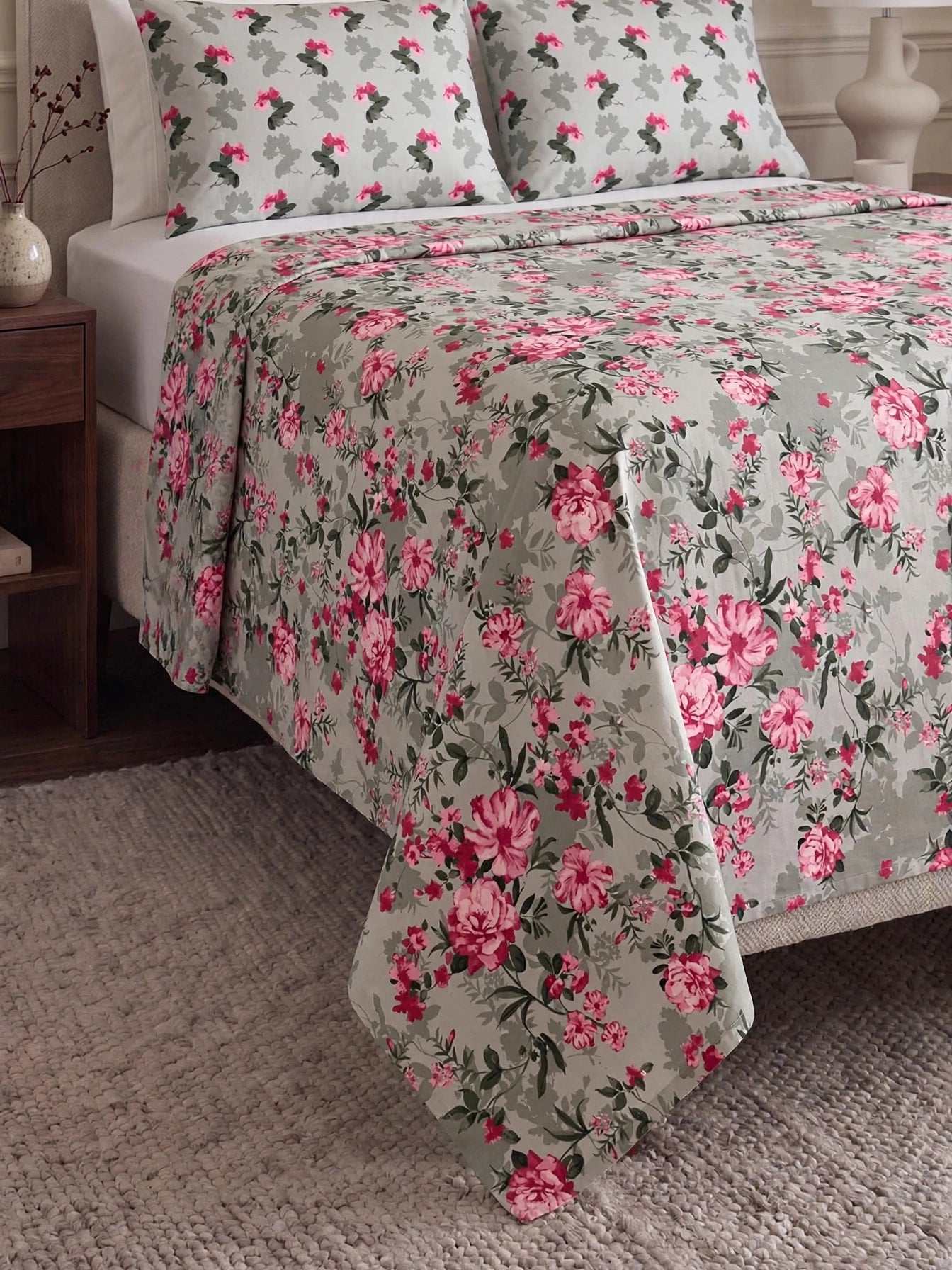 Pink Bloom - Sage Green Peony Rose Bedsheet