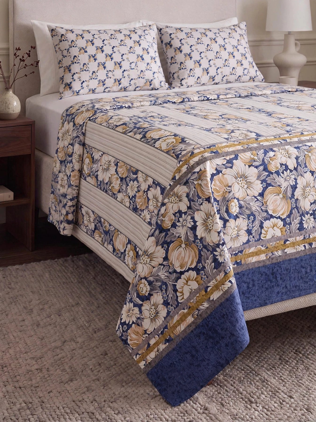 Ivory Coast - Navy Blue Large Floral Stripe Bedsheet