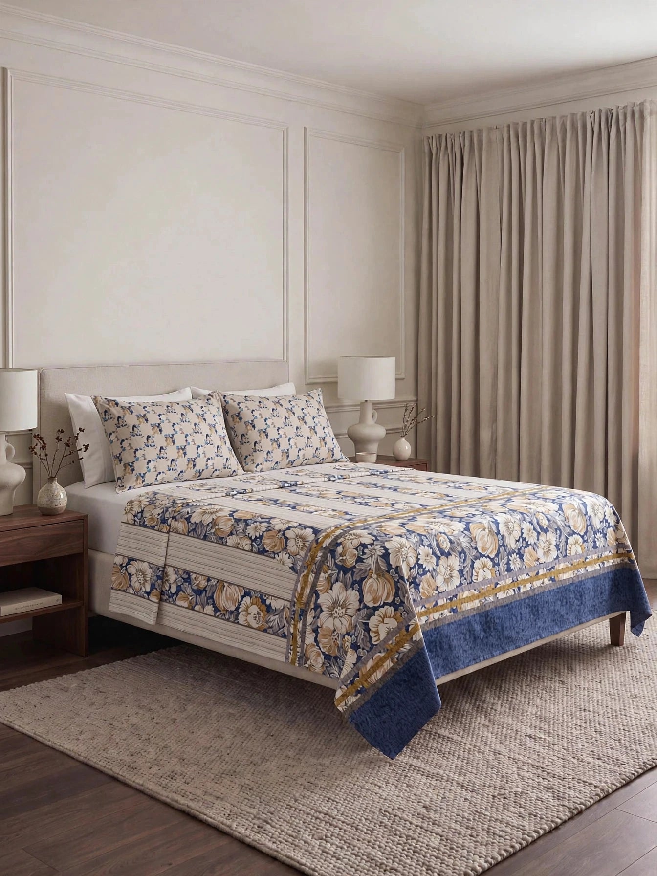 Ivory Coast - Navy Blue Large Floral Stripe Bedsheet